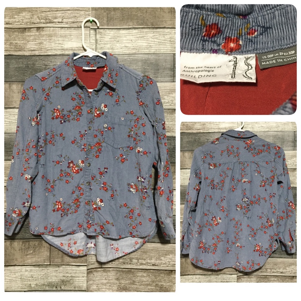 Anthropologie Building 18 Floral Corduroy Shirt Women’s 00P Blue Gray Button Up